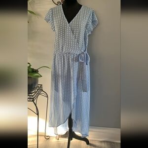 Chic Blue Polka Dot Wrap Midi Dress